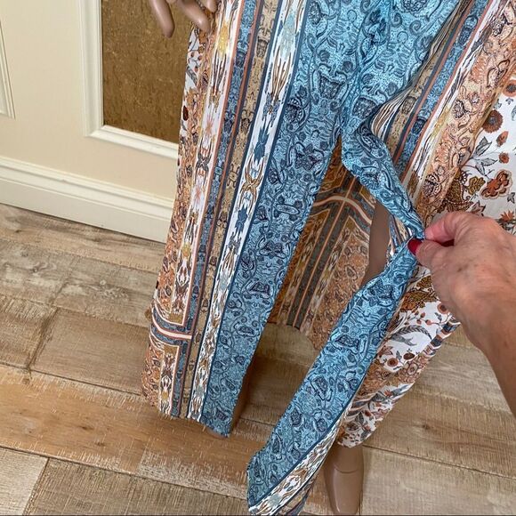 Zara boho tan blue print chiffon maxi dress Size S - Picture 5 of 15